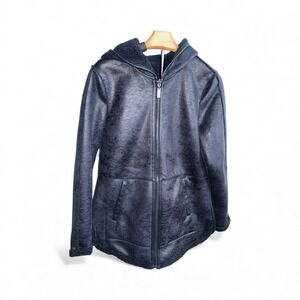 Nikki Jones Coat Reversible Navy Blue Fleece Teddy Bear Hooded Jacket Women S/M